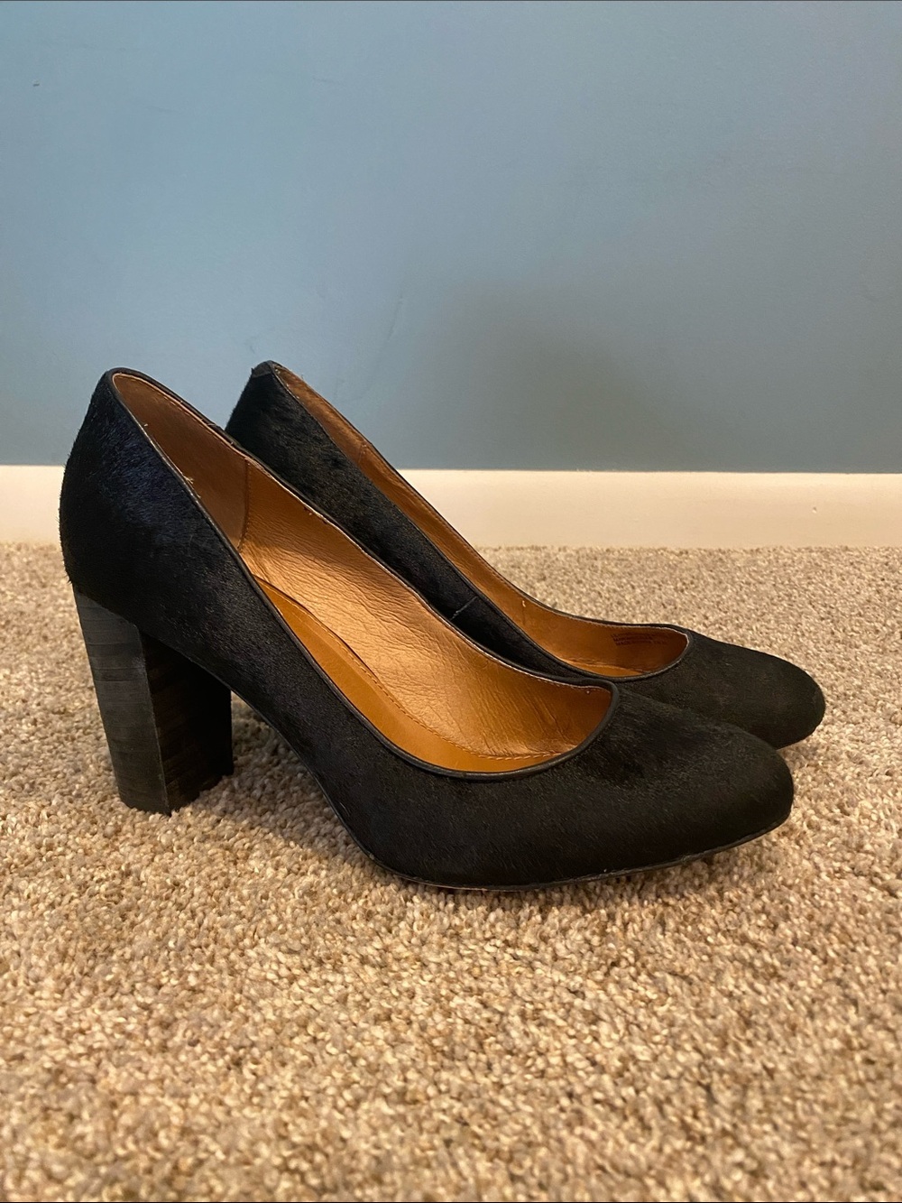 Black Calf Hair Block Heel Pumps